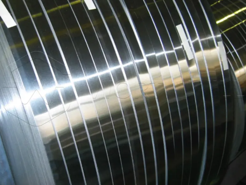 Close-up of aluminum strip coil surface